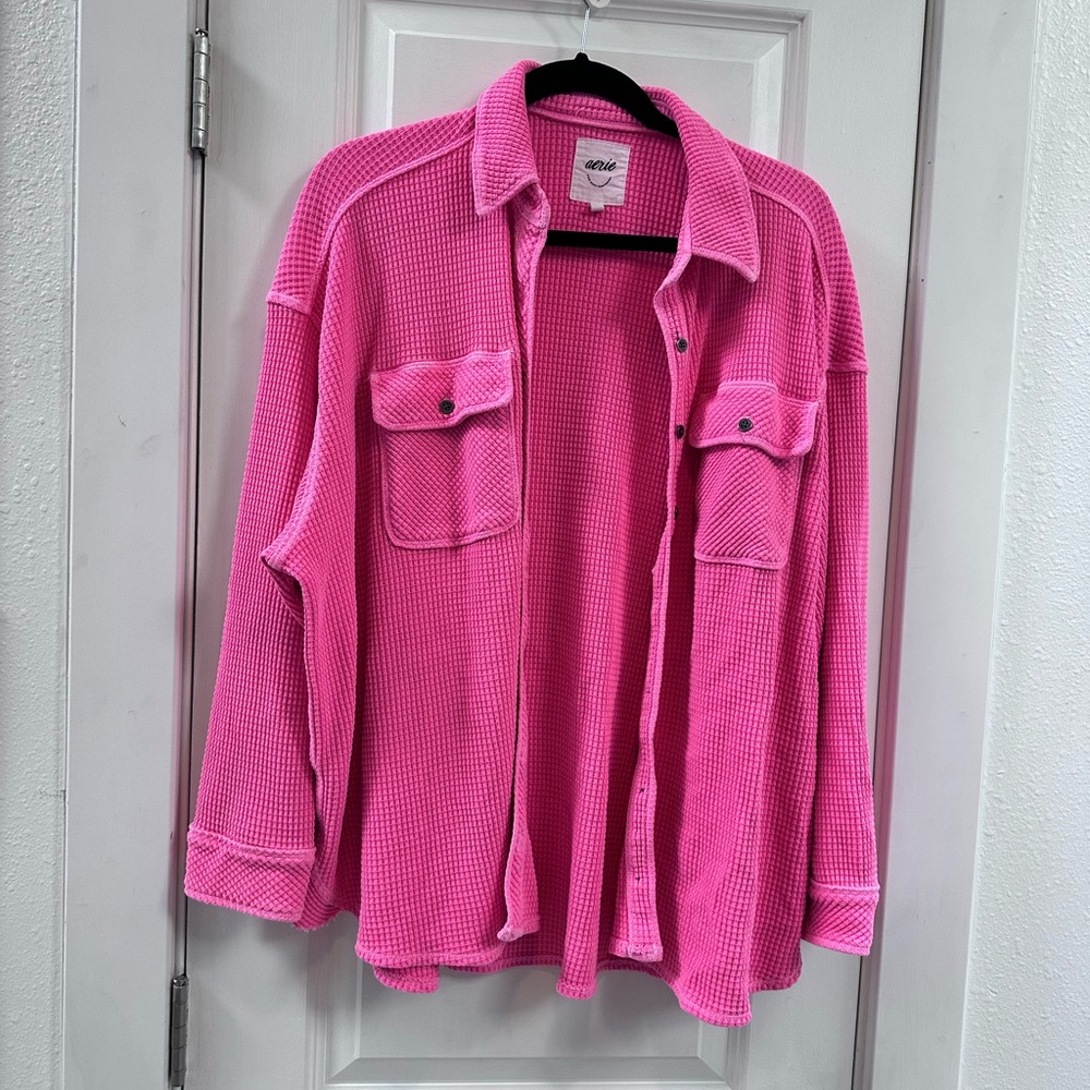Aerie Oversized Pink Waffle Knit Button-Up Shirt